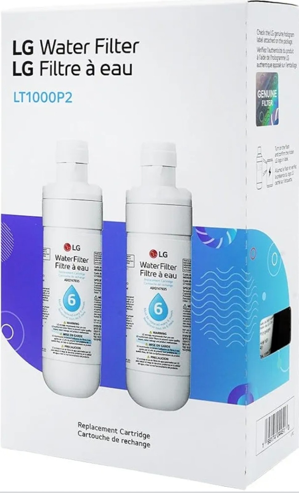 2 Pk Genuine LG LT1000P2 6-Month /200 Gal Refrigerator Replacement Water Filter