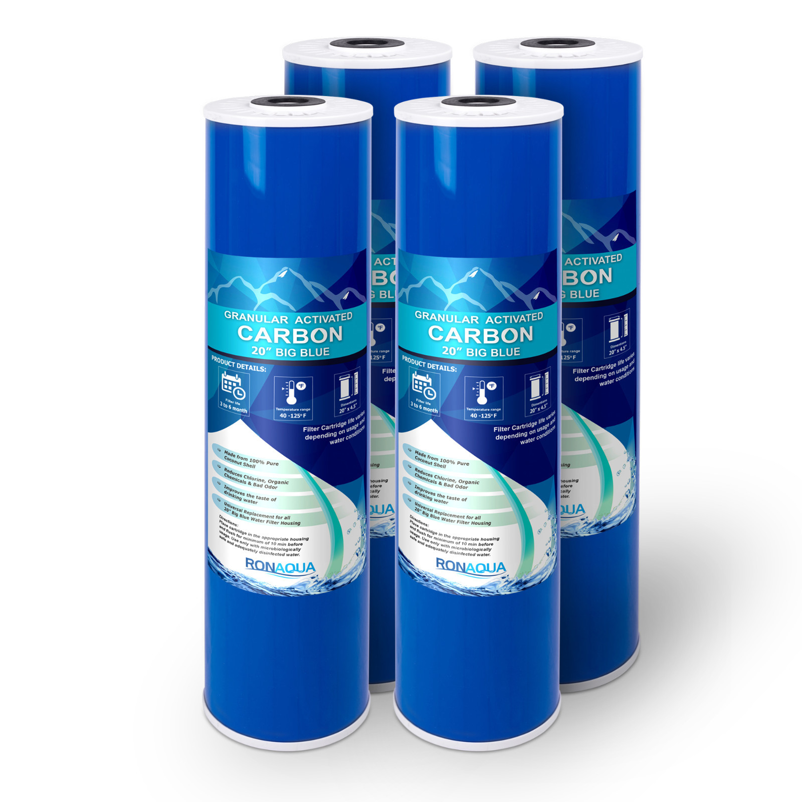 20″ Big Blue (GAC) Replacement Water Filters (4 Pcs) 4.5” x 20” Cartridges