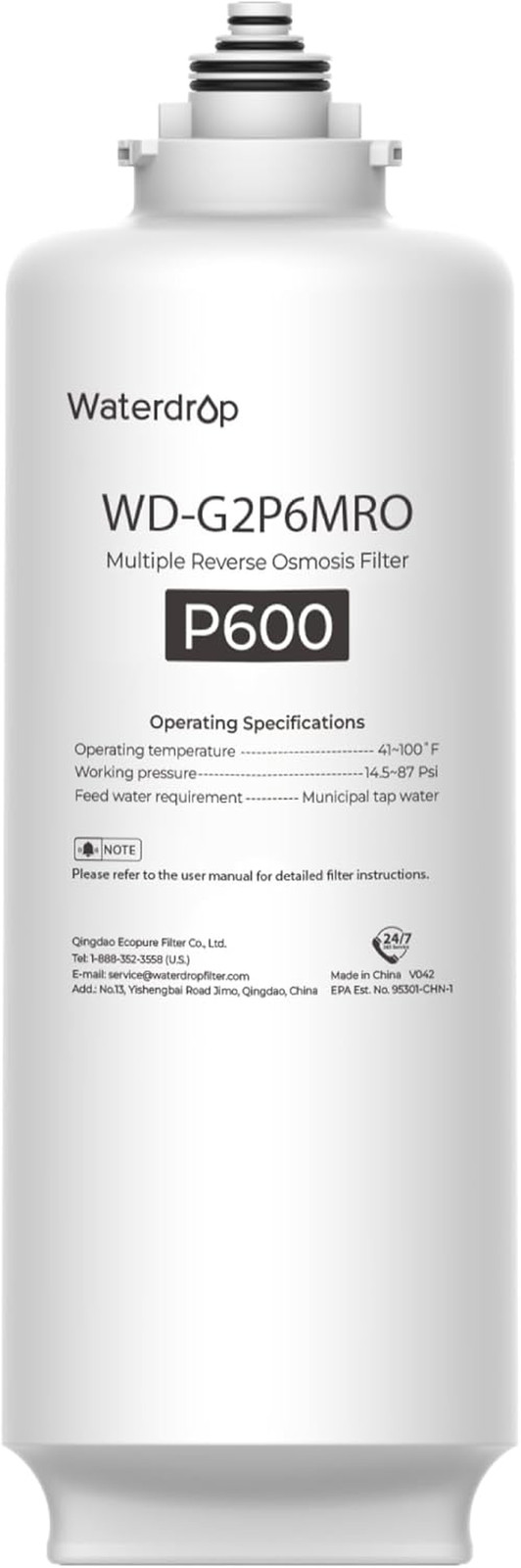 Waterdrop G2P6MRO Filter, Replacement for G2P600 Reverse Osmosis System, 2-year