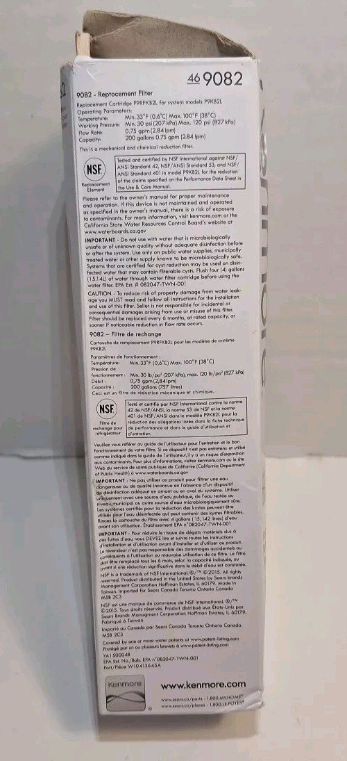 New 1 Pack Kenmore 9082 Replacement Refrigerator Water Filter For 469082 9903