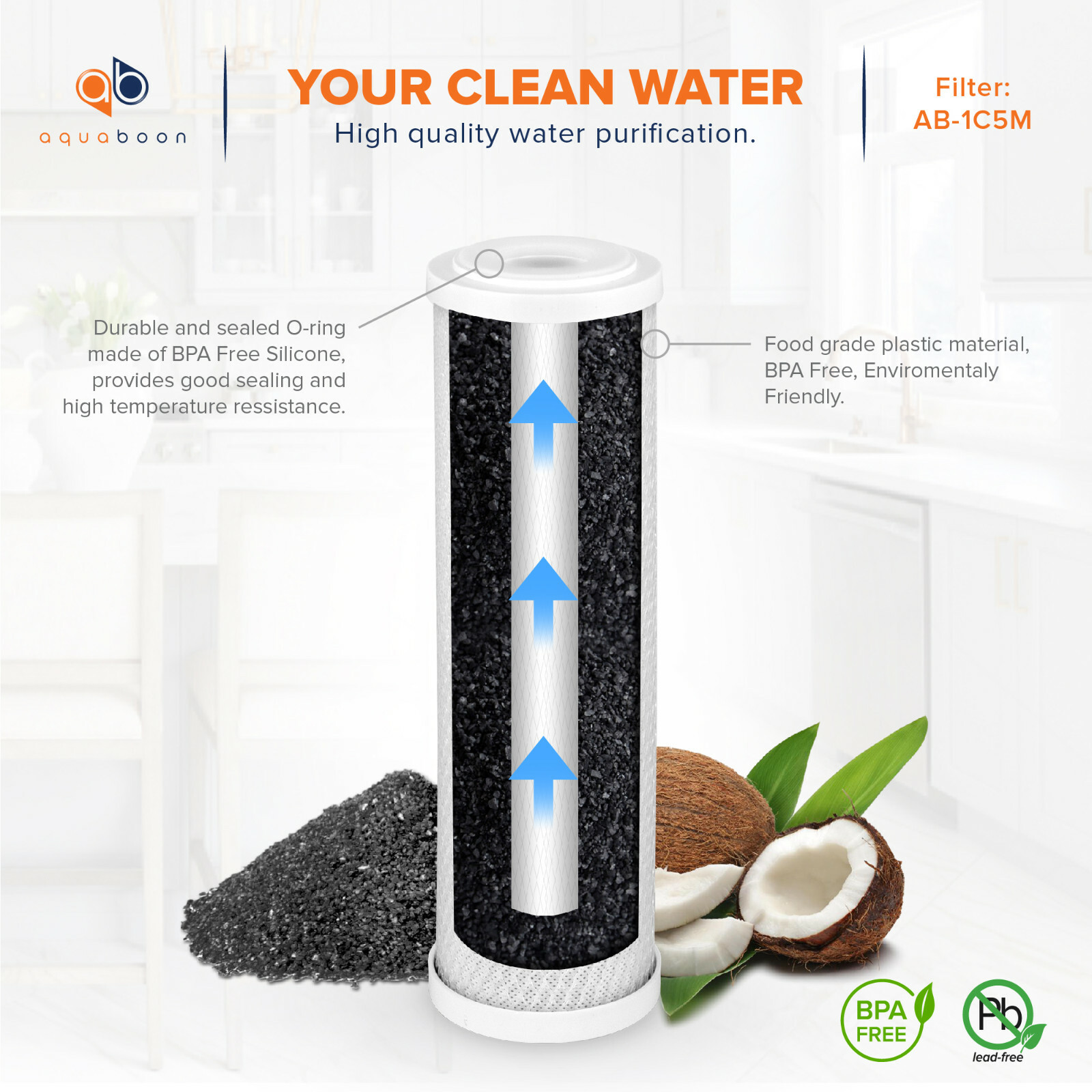 4PK of Coconut Shell Carbon Block 5µm CTO Water Filter Standard Size by Aquaboon