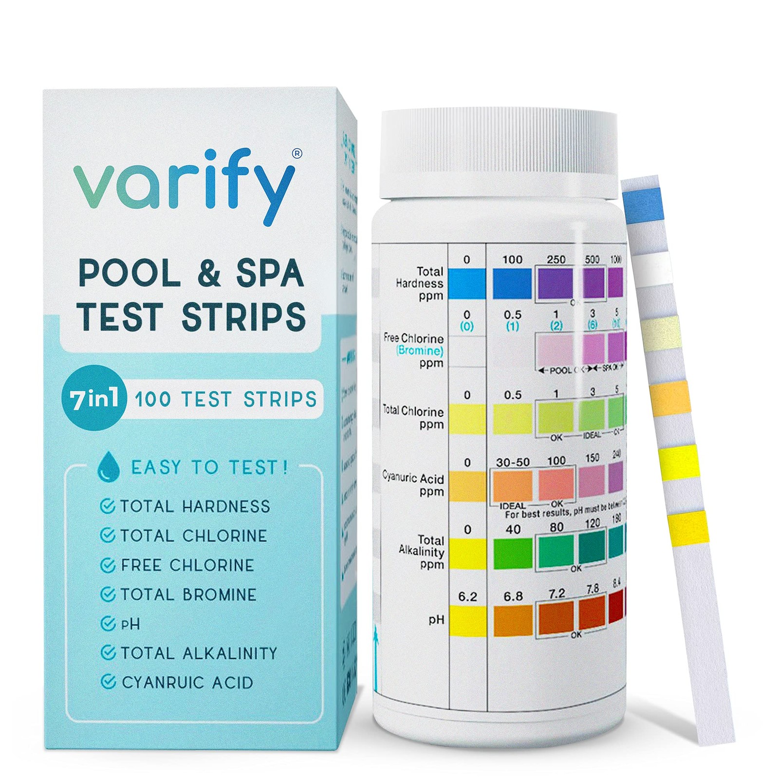 Varify 7 in 1 Pool and Spa Test Strips- Easy to Use Water Testing Kit for…