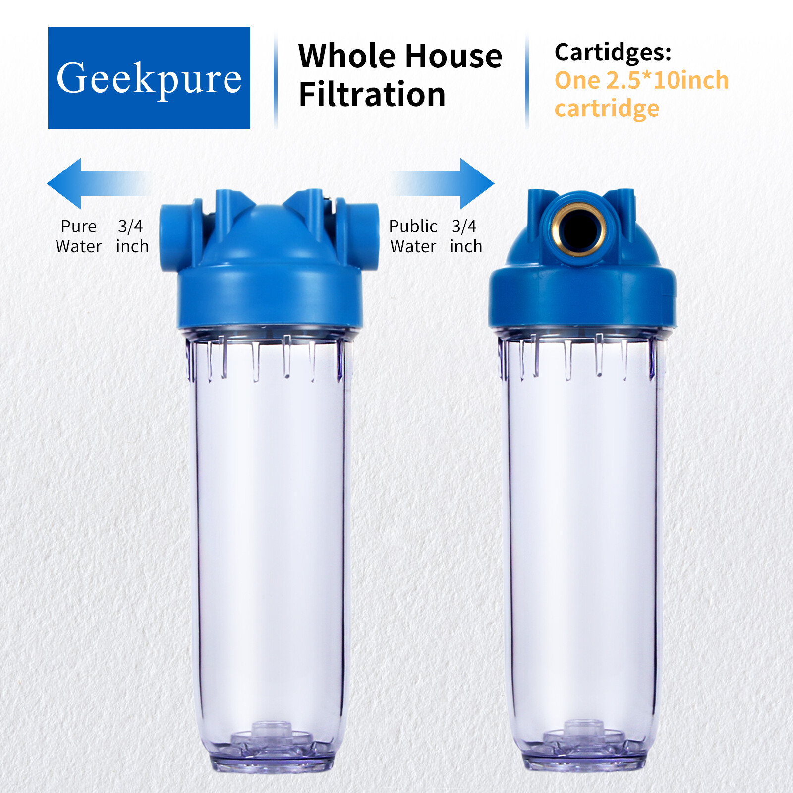 Geekpure 10-Inch Whole House Clear Filter Housing – 3/4″NPT Brass Port-2.5″x 10″