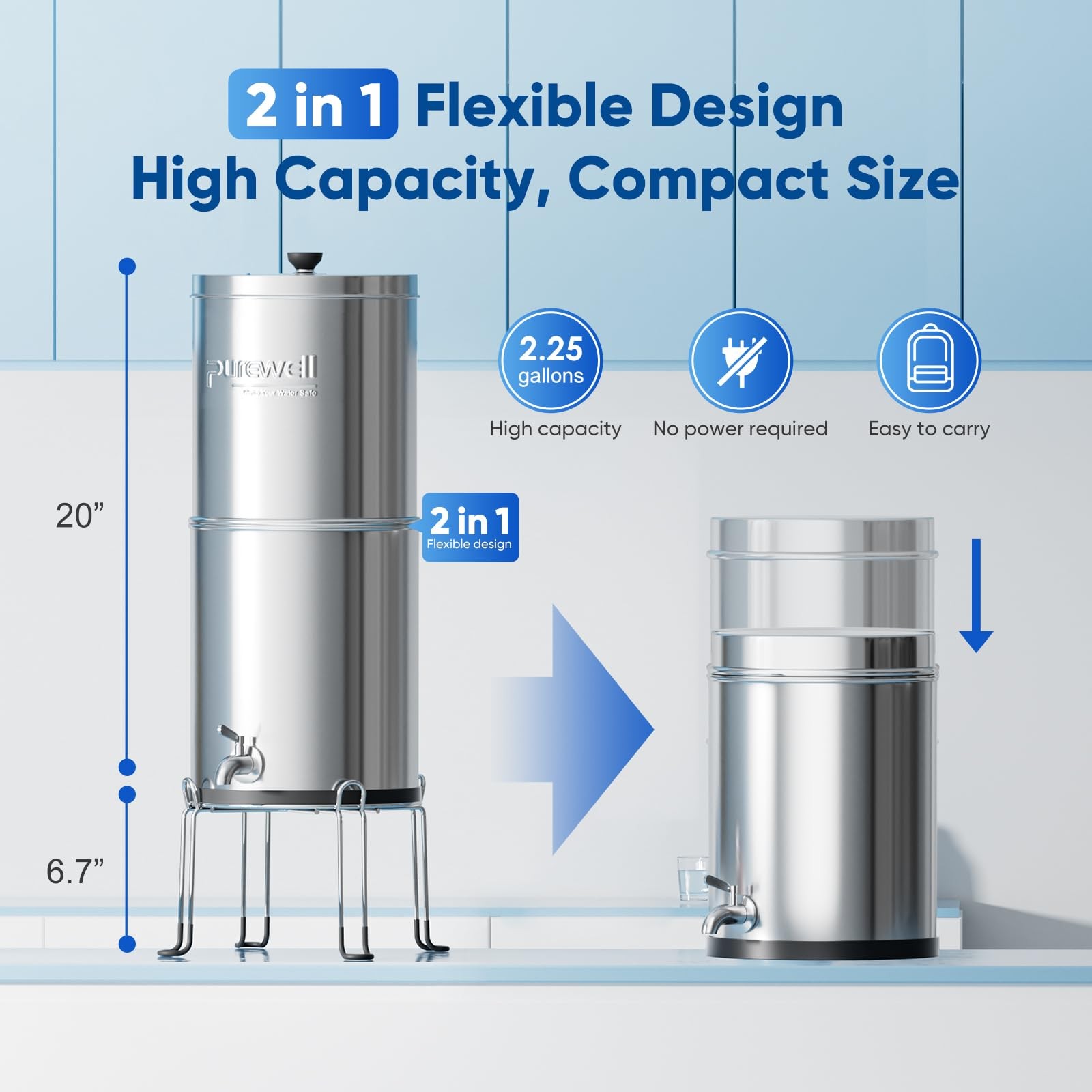 3-Stage 0.01μm Ultra-Filtration Gravity Water Filter System 2.25G 304