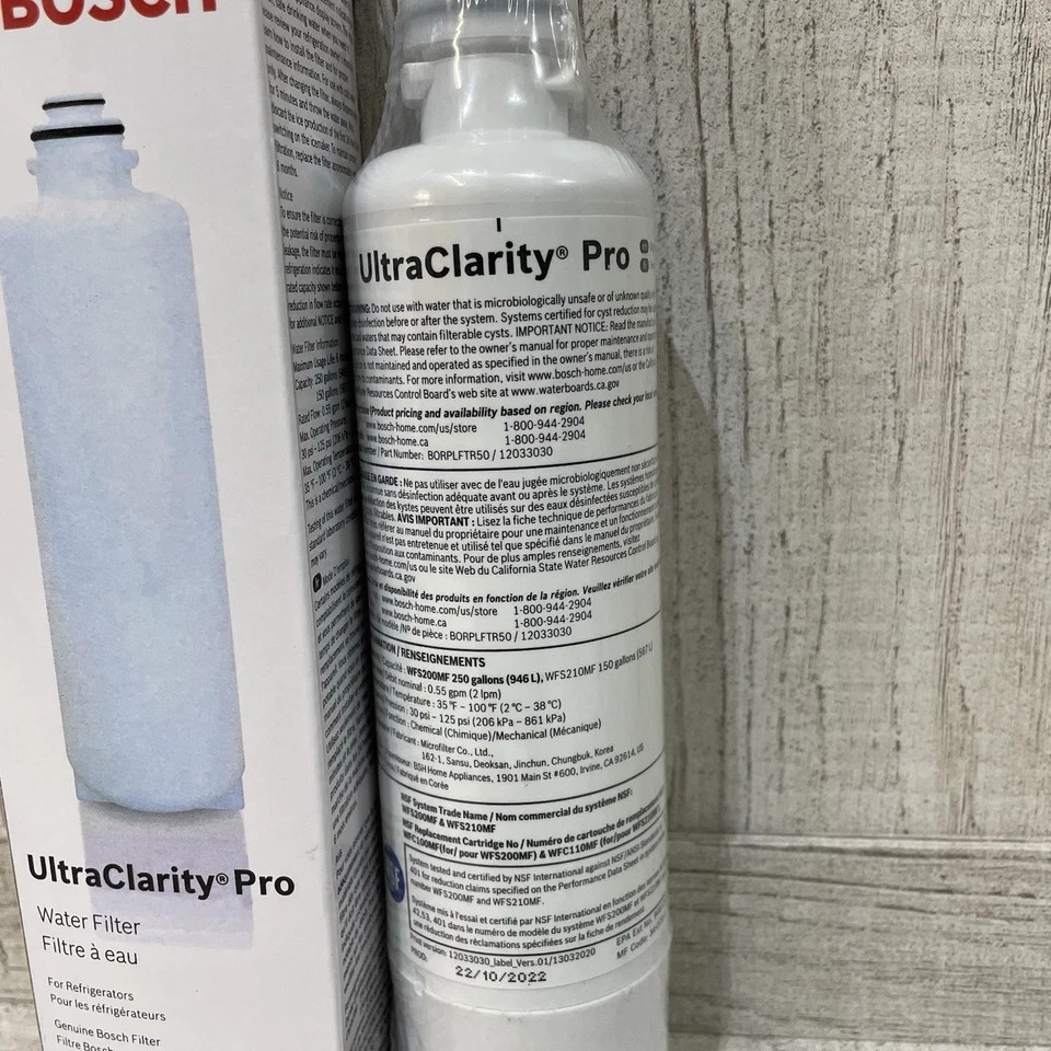 1 PACK Bosch Ultra Clarity Pro BORPLFTR50 Water Filter White #WFS200MF/WFS210MF