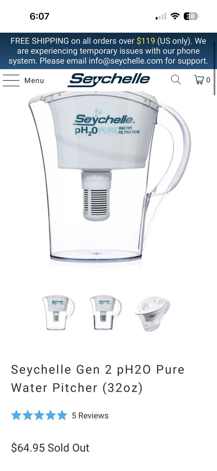 Seychelle Gen 2 pH2O Pure Water Filter Pitcher 32 oz Clear/White Plastic