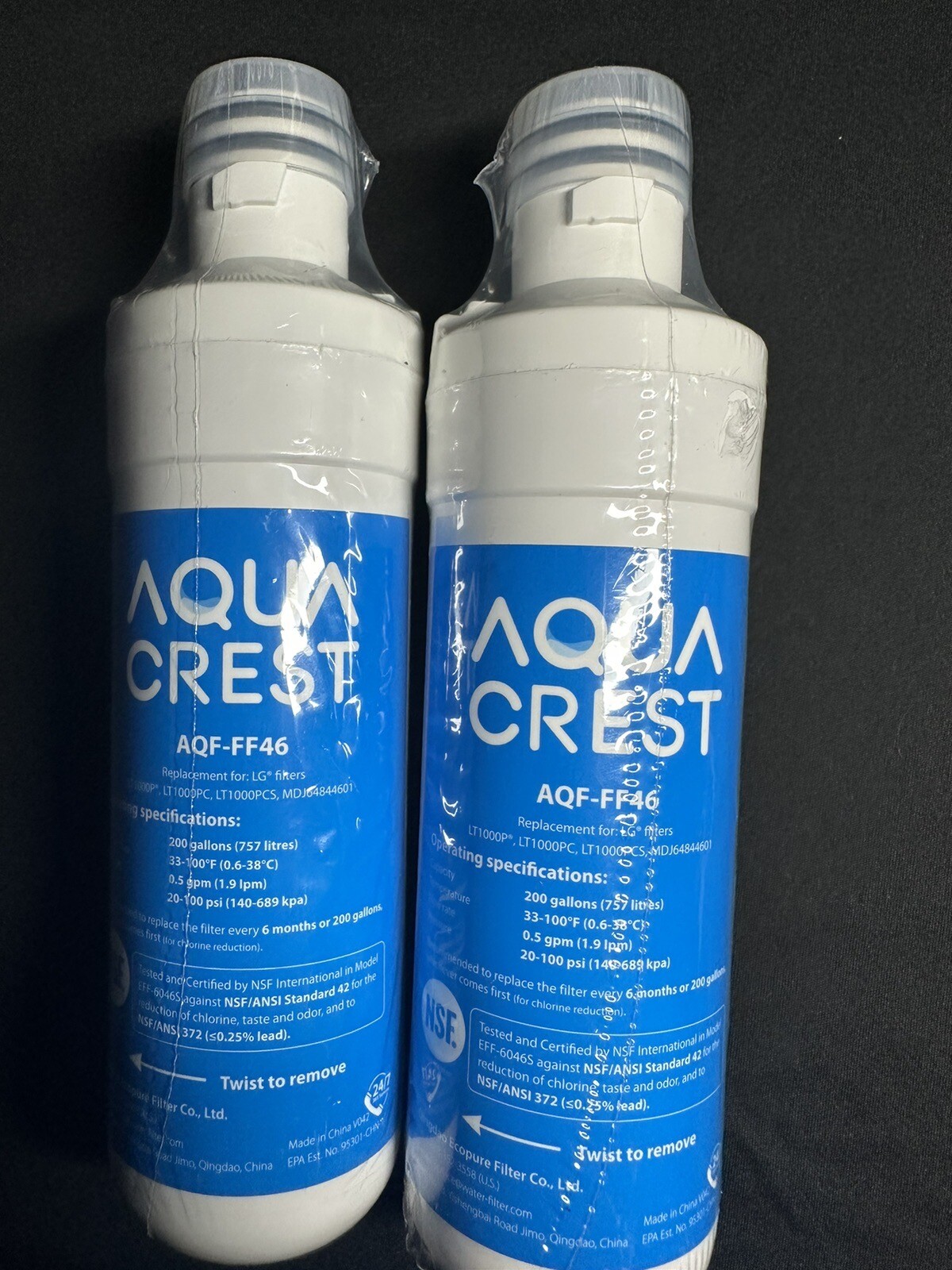 2PC Aqua Crest AQF-FF46 LG Filter Replacement-LT1000P/LT1000PC/LT1000PCS