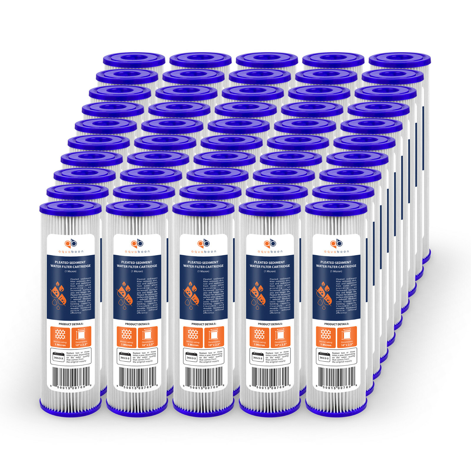 50 Pack of 1µm Pleated Sediment Water Filter Cartridges 10″x2.5″ Standard Size