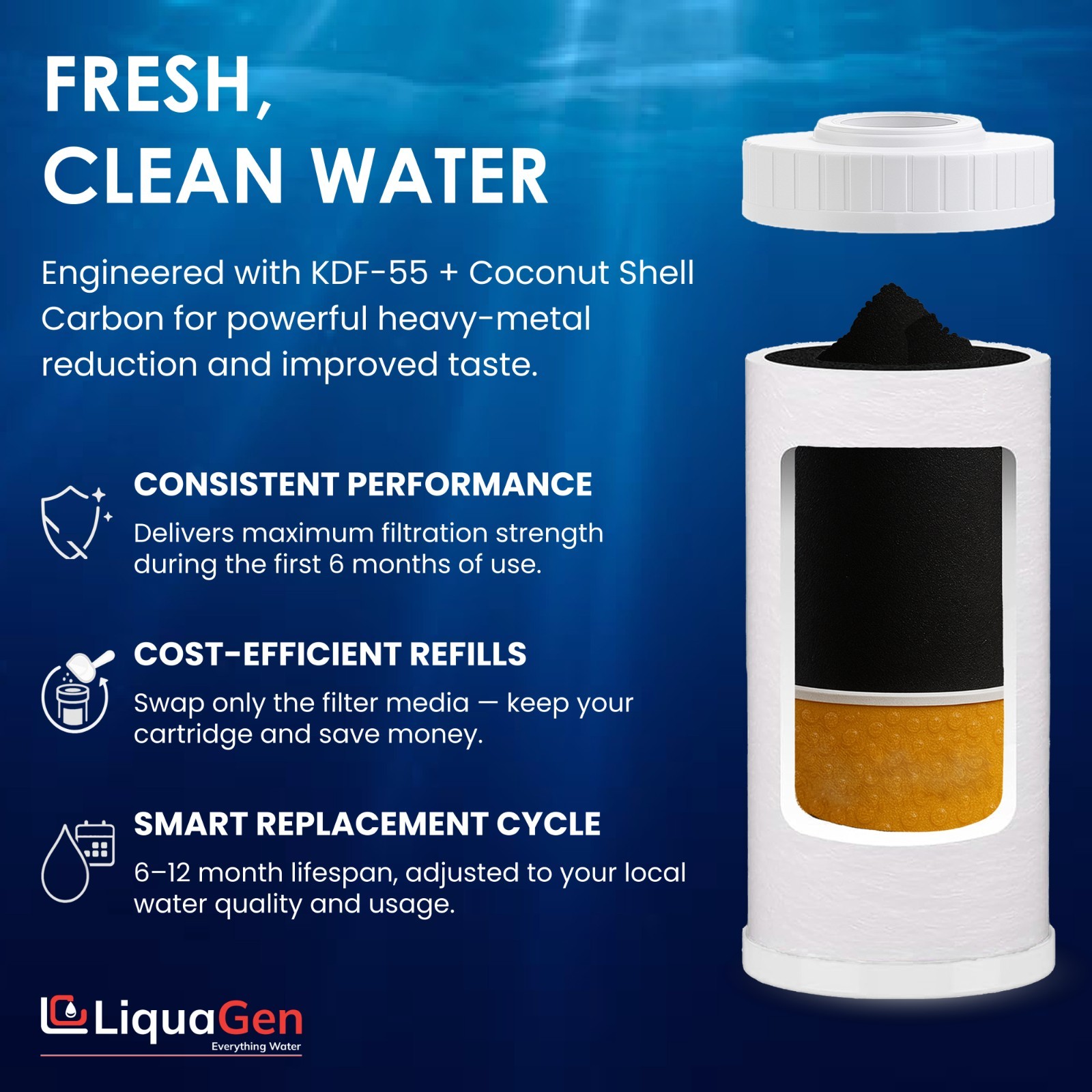 LiquaGen 4.5″x10″ Coconut Shell Carbon + KDF-55 Filter – Chlorine & Heavy Metals