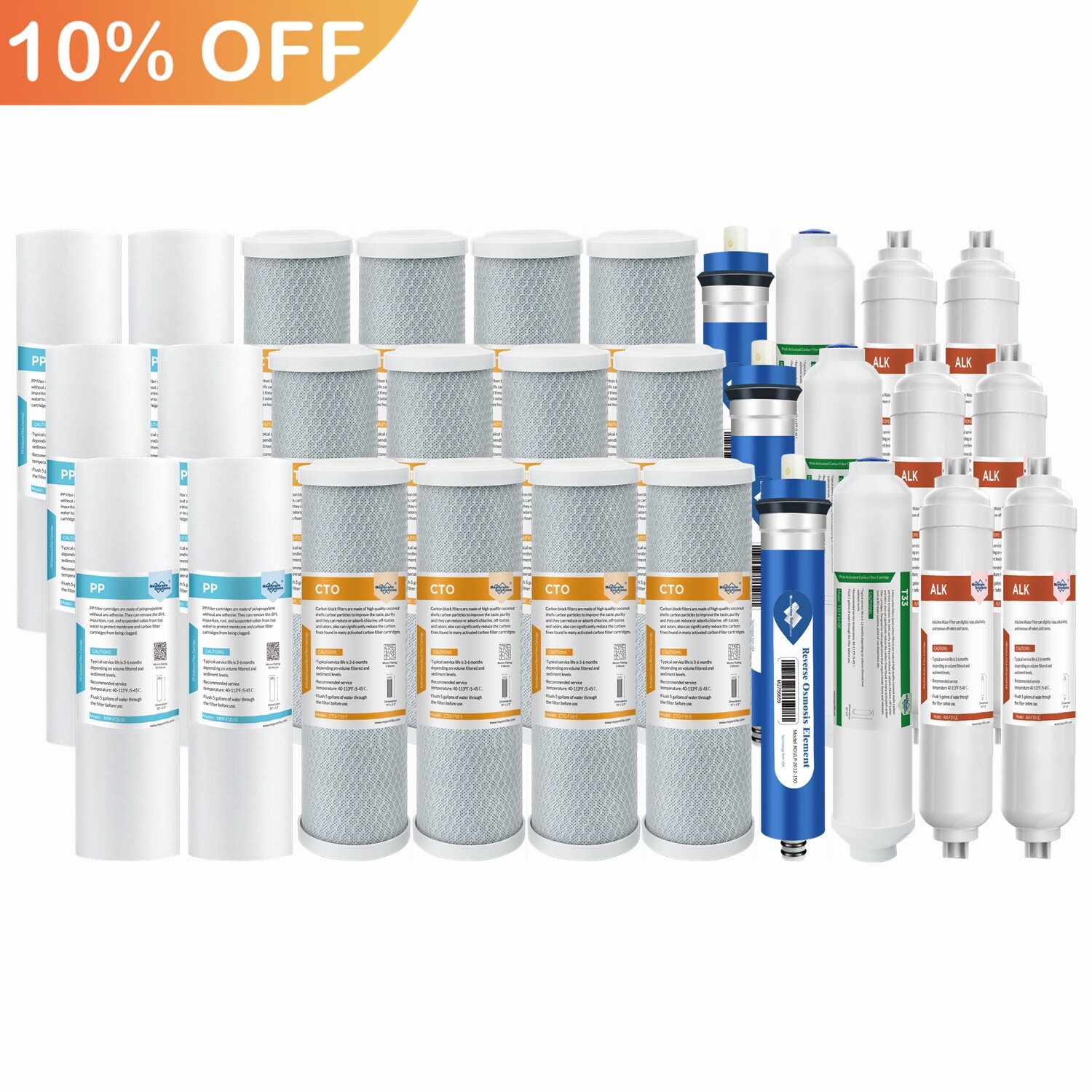 6-Stage 36/50/75/100/150 GPD RO pH+ Alkaline Reverse Osmosis System Water Filter