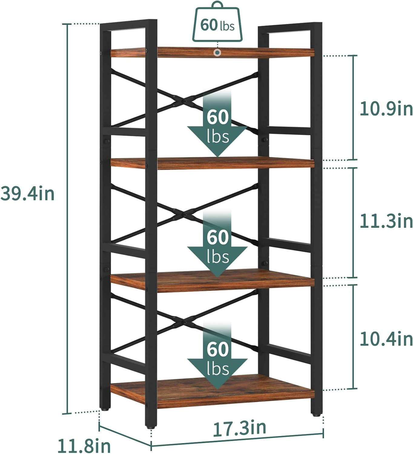 4 Tier Narrow Bookshelf Industrial Bookcase Organizer CD Movie Book Berry Brown