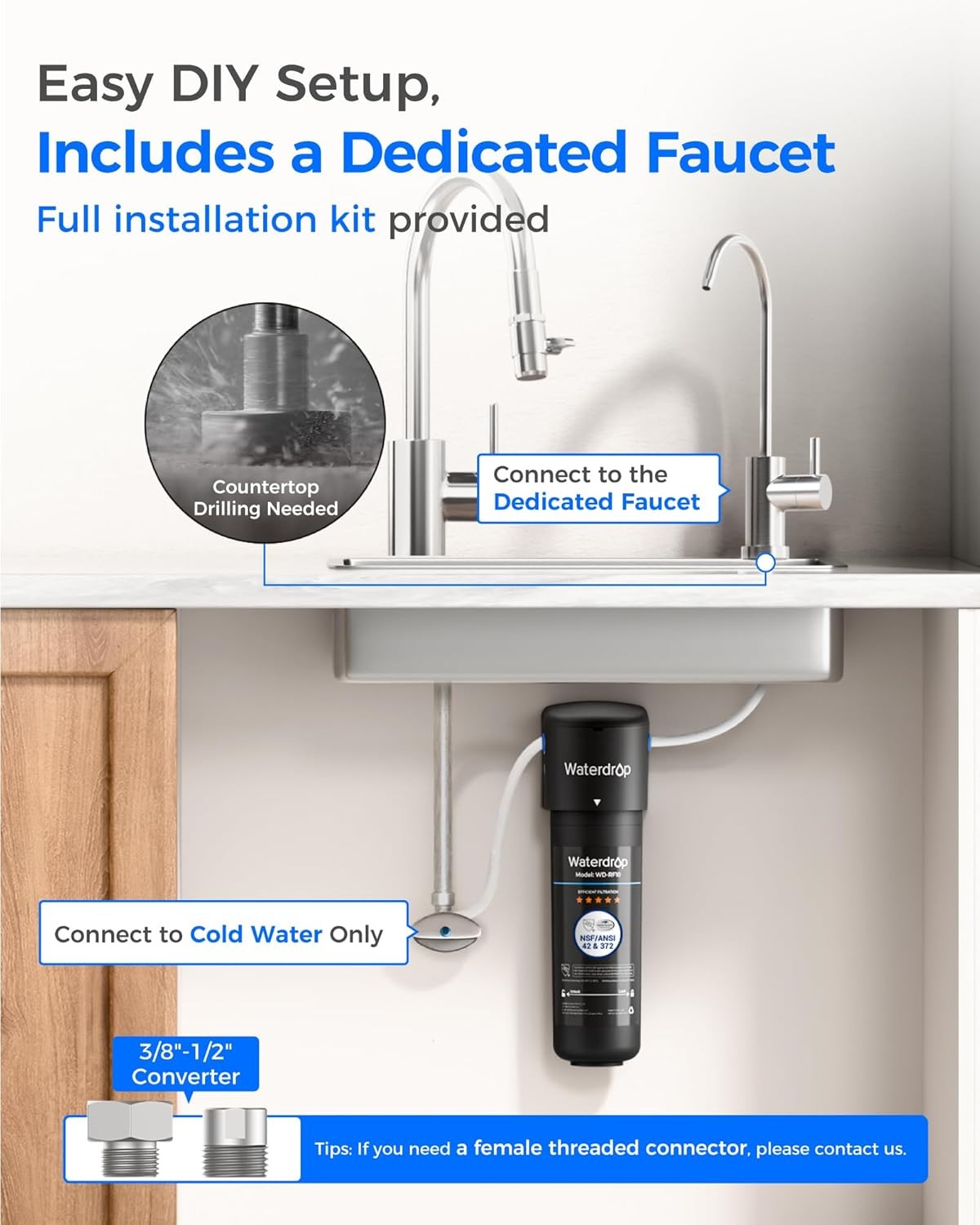Waterdrop 10UB Under Sink Water Filter System, with Stainless Steel Faucet