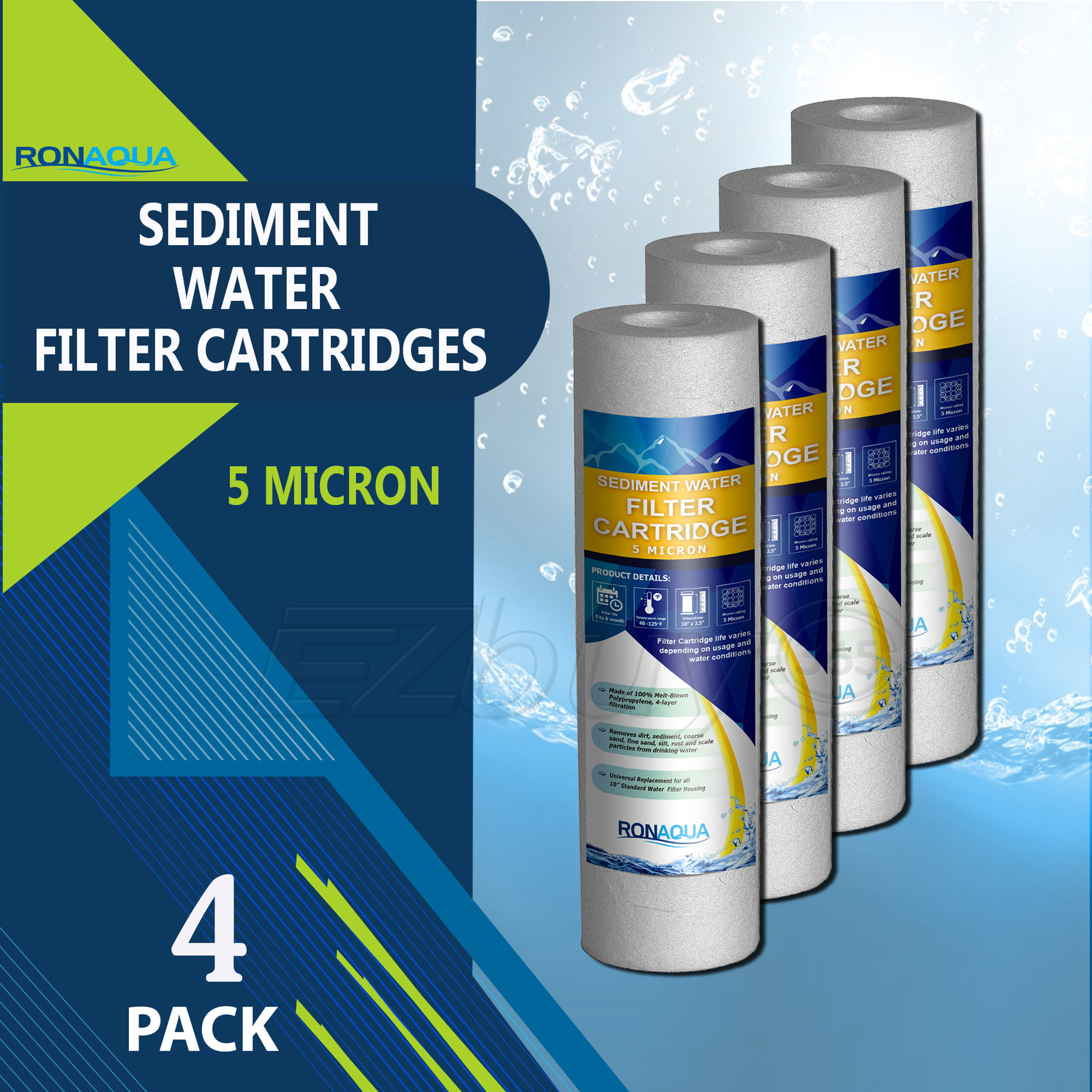 4 Pack Sediment 5 Micron Water Filters Cartridge 2.5″ x 10″ for Reverse Osmosis