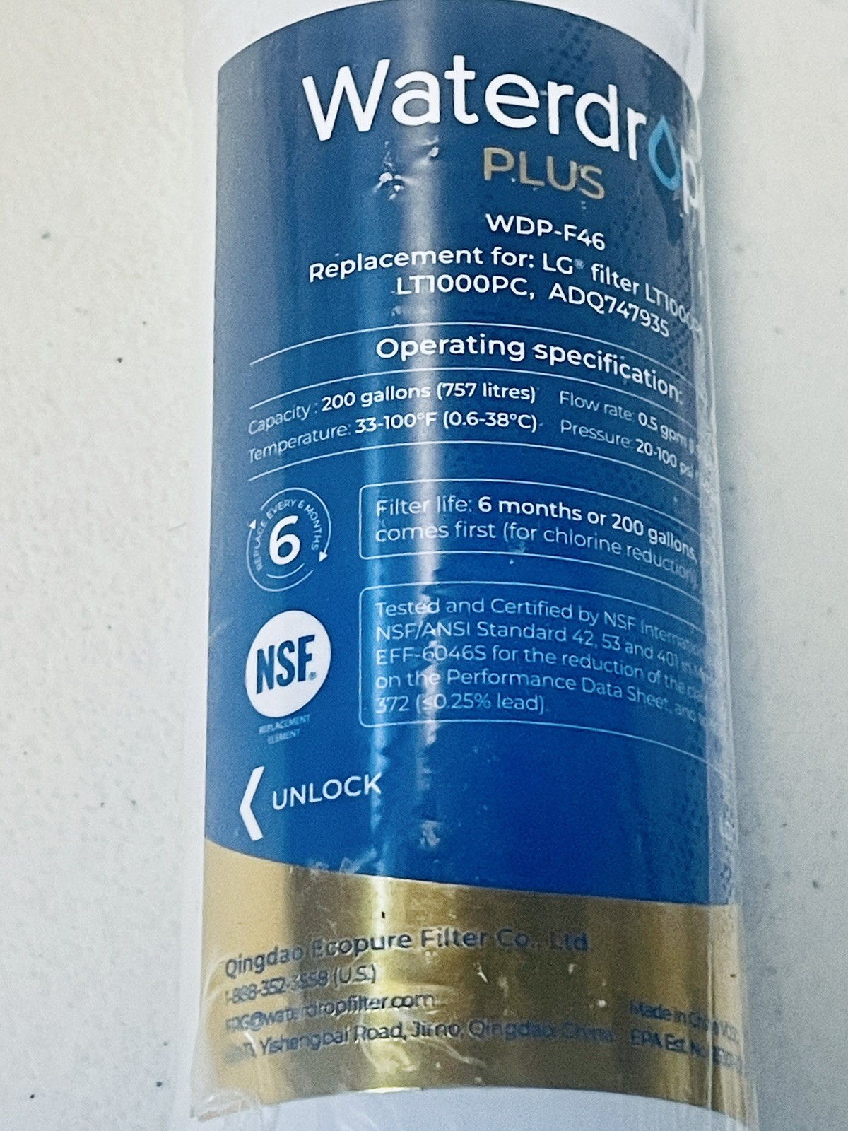 Waterdrop Plus WDP-F46 Refrigerator Water Filter For Select LG Kenmore NWOB