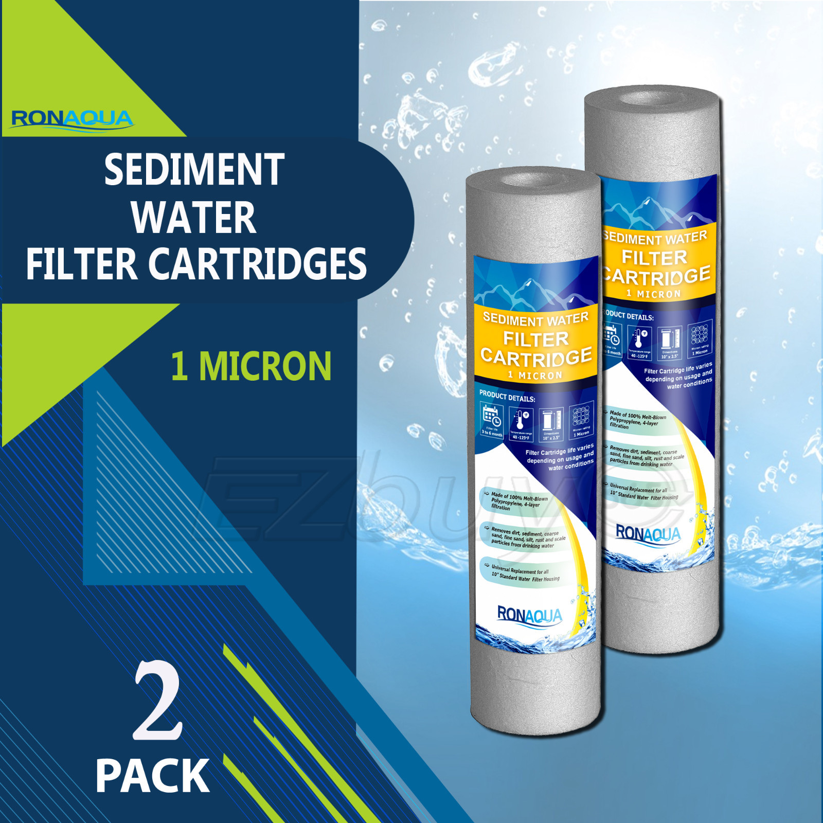 2 Pack Sediment 1 Micron Water Filter Cartridges 2.5″ x 10″ for Reverse Osmosis