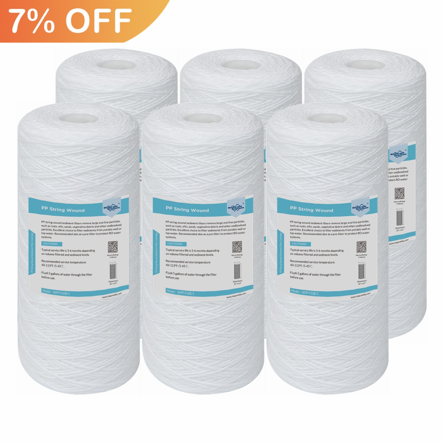 6 Pack 10″ x 4.5″ String Wound Sediment Water Filter for Big Blue 1/5/10 Micron