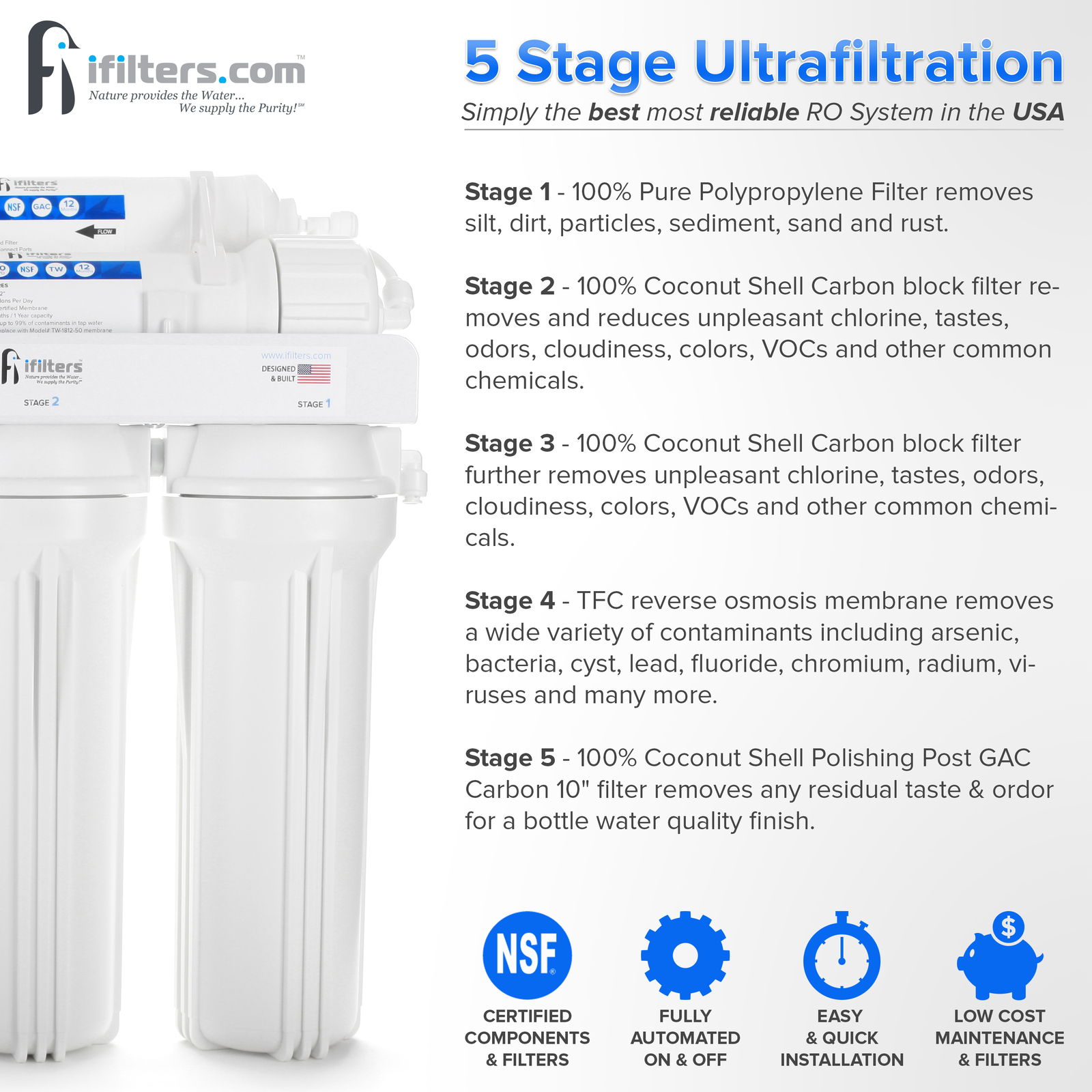 Premium Drinking Reverse Osmosis 5 Stage 50 GPD Module, Chrome Faucet