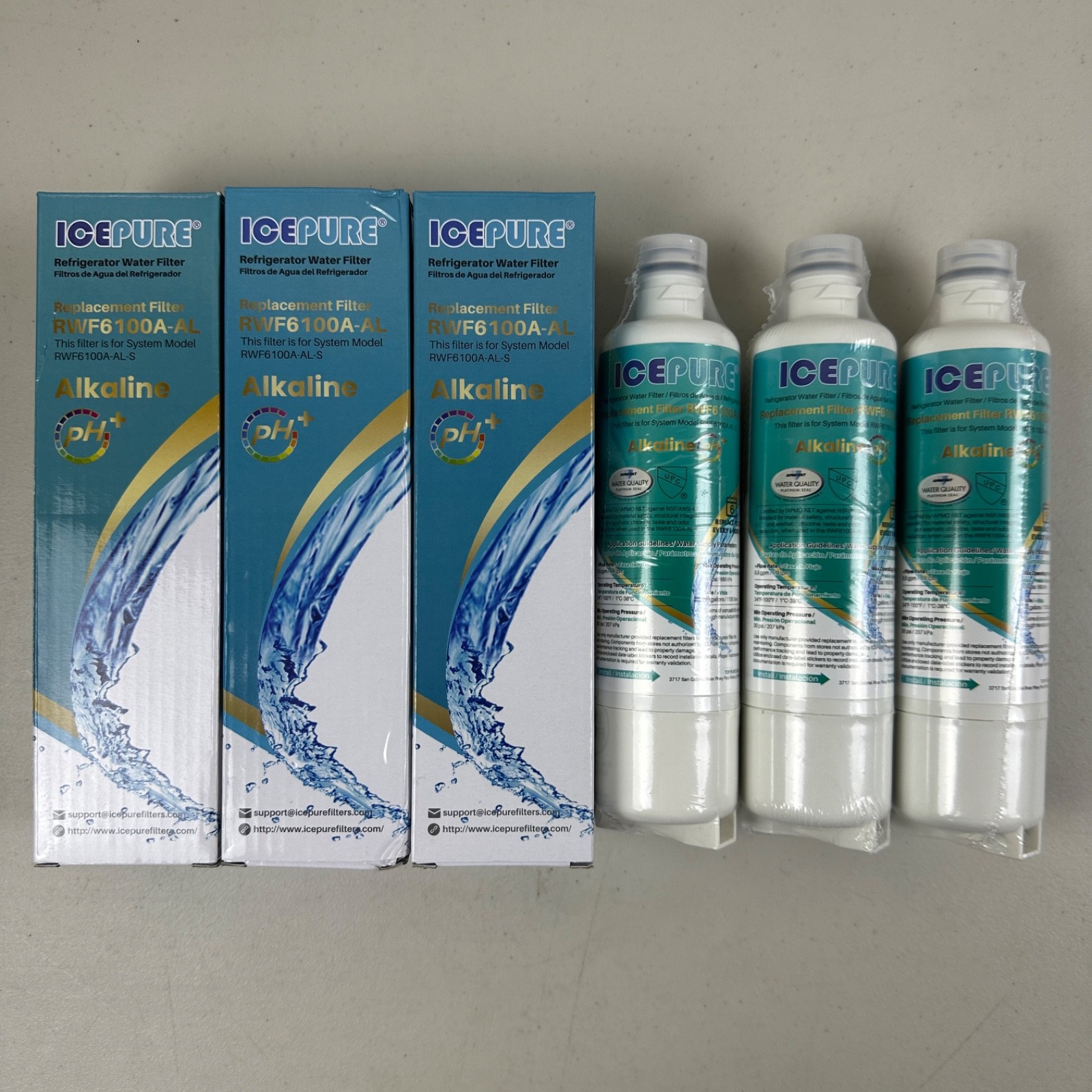 3 PACK ICEPURE Alkaline BORPLFTR50 Water Filter Bosch Ultra Clarity RWF6100A-AL