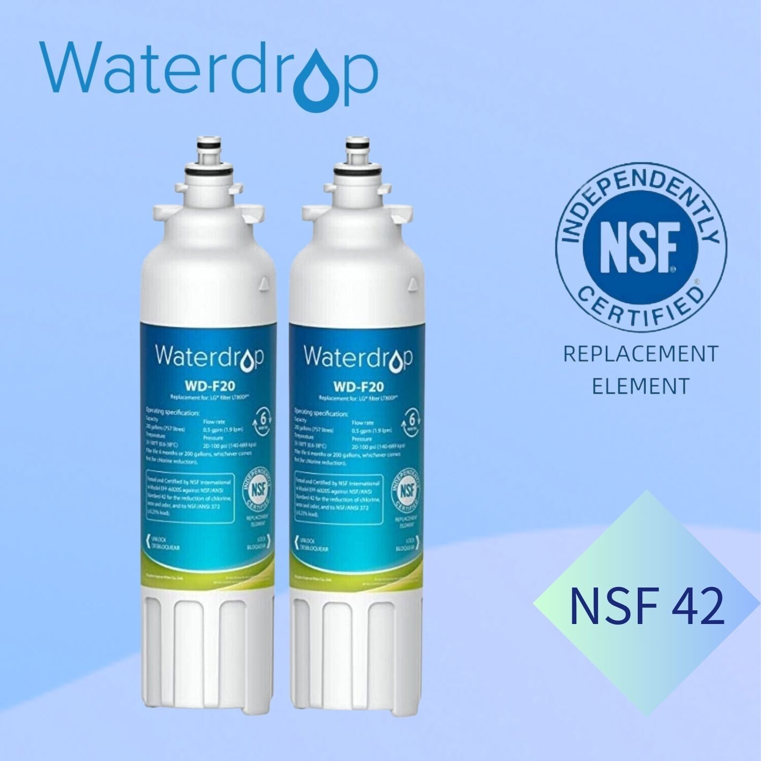 Fit LG® LT800P® Refrigerator Water Filter, ADQ73613401 by Waterdrop, 2 Packs