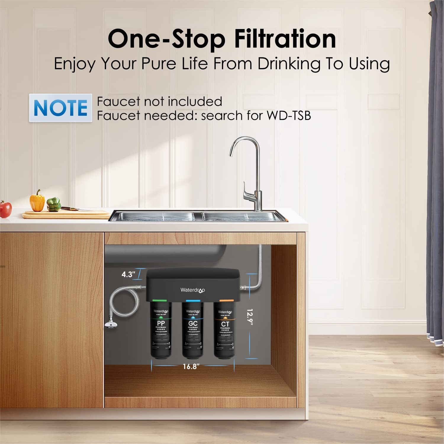 Waterdrop TSB 3-Stage Under Sink Water Filter System with Fauct, Extra 10CT