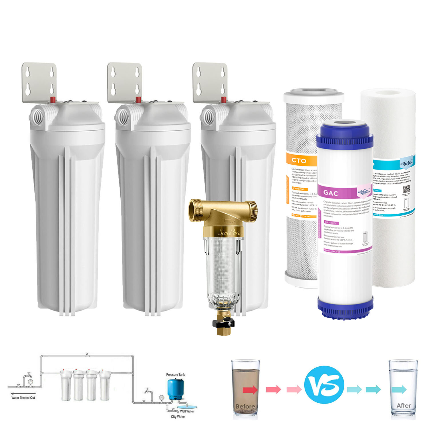 10 Inch Whole House Water Filter Housing System 10″ x2.5″ Sediment Carbon Filter