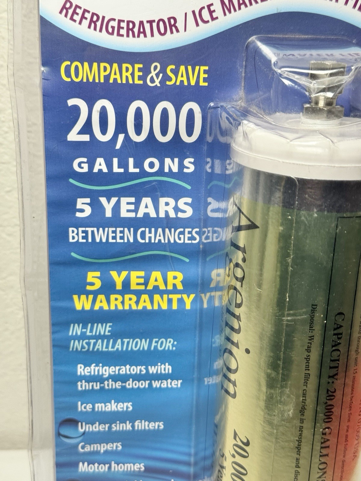 Argenion 20,000 Gallon Refrigerator In-line Water Filter 5 Yr. NEW SEALED