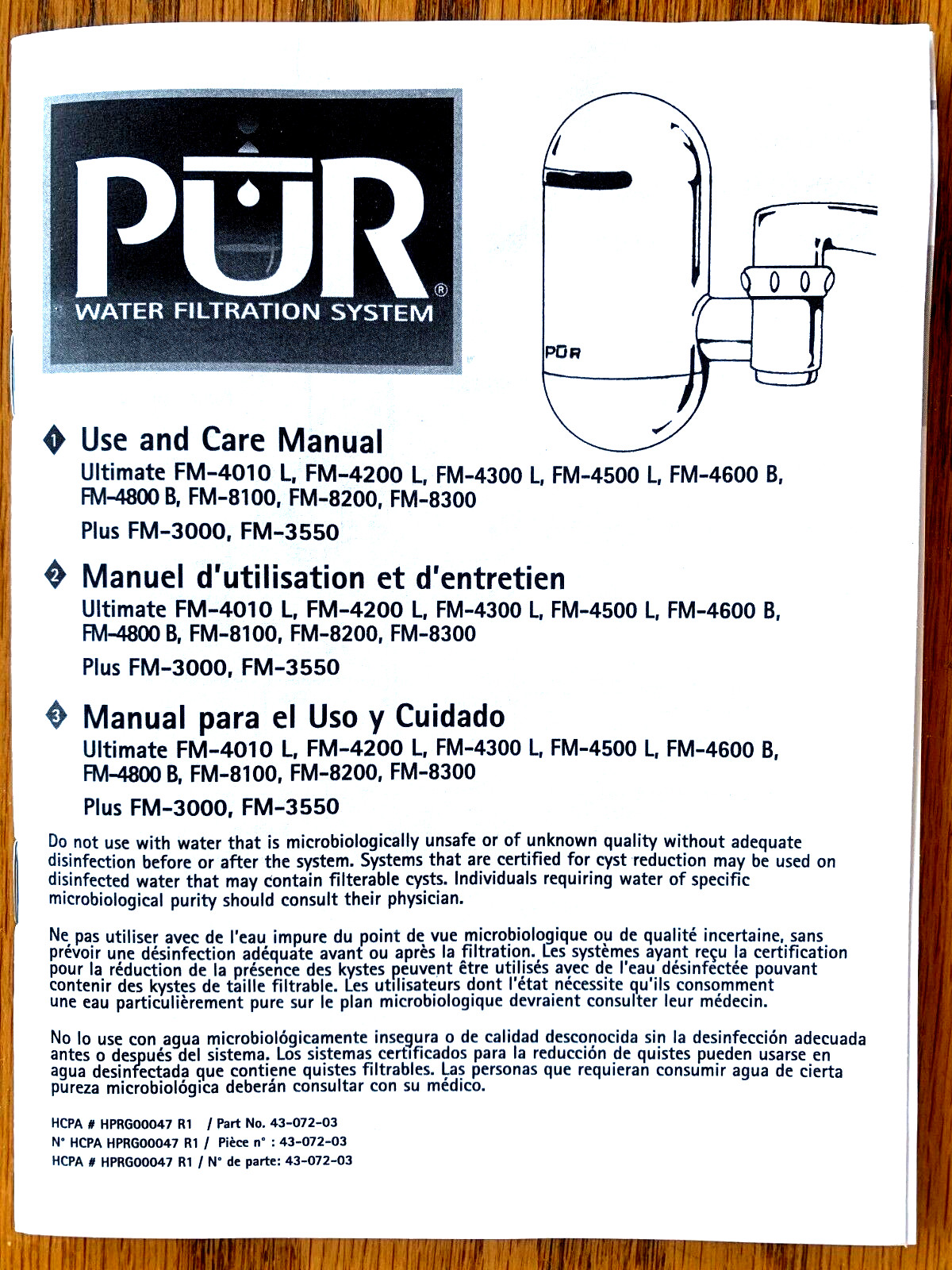 PUR Water Filtration System Use and Care Manual various models in 3 languages