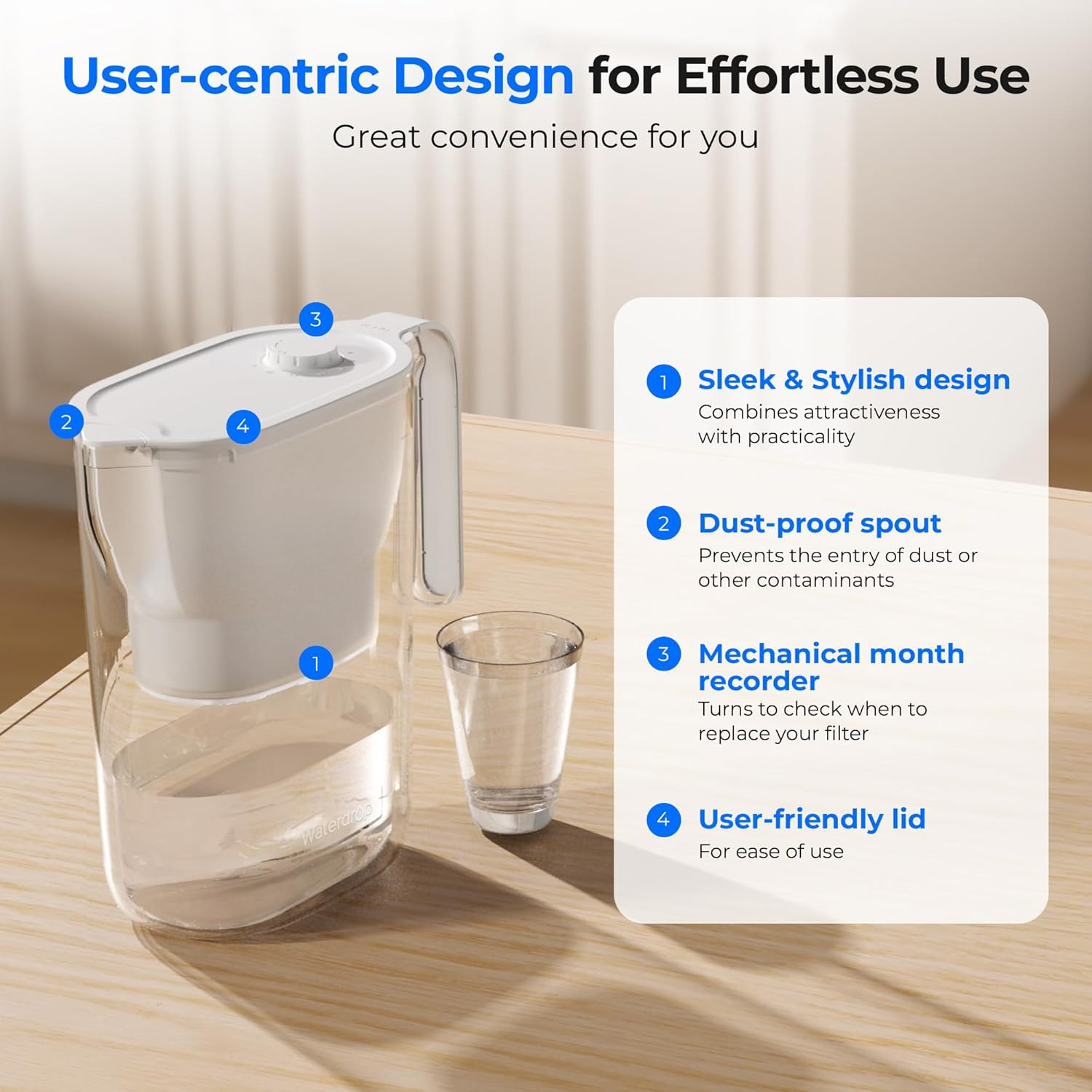 Water Filter Pitcher, 200-Gallon Long-Life, Countertop NSF Certified Water Purif