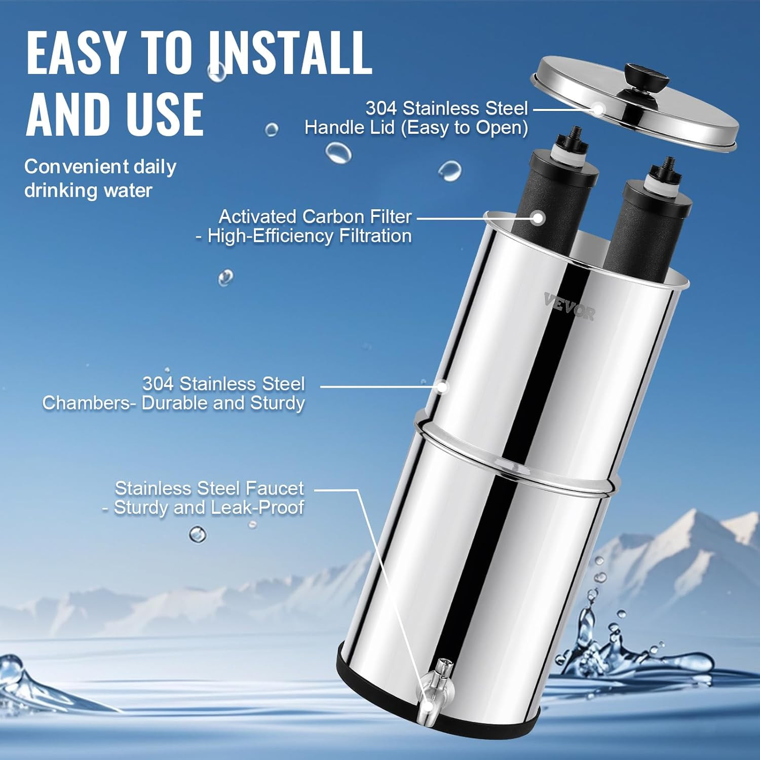 Gravity-Fed Water Filter System, 2.25G 304 Stainless-Steel Countertop System, Wa