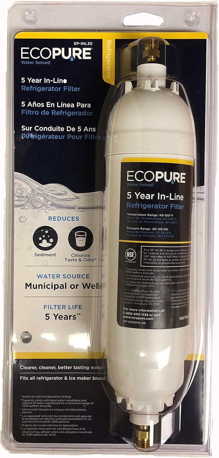 Ecopure 5 Year In Line Refrigerator Water Filter Compatible With Most Brands