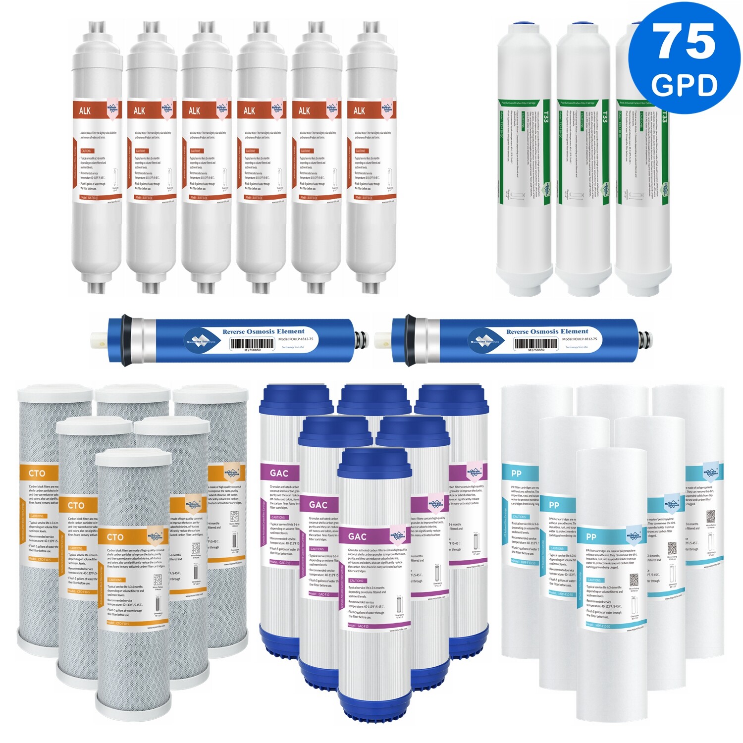 6 Stage 75 GPD Reverse Osmosis System pH Alkaline RO Water Filter 1/2/3 Year Set