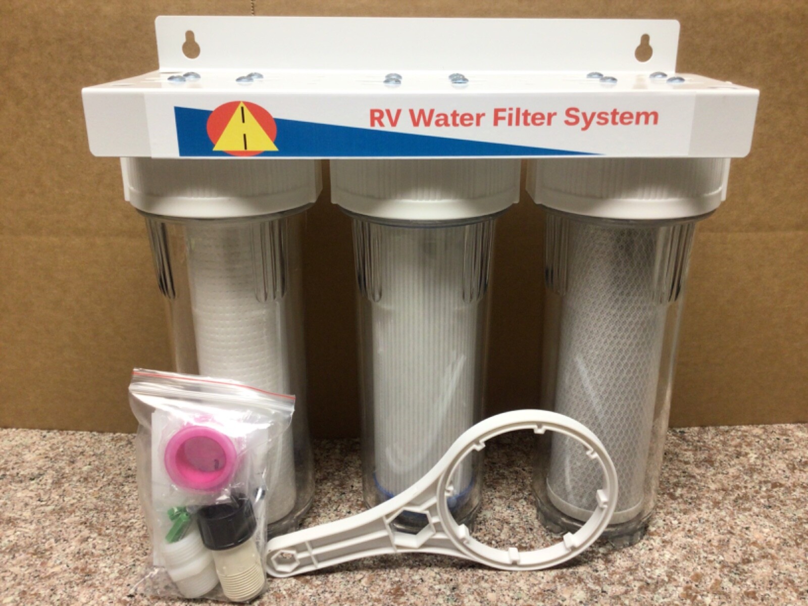 3 Stage RV Water Filter System Clear Housings, Clean Water 3/4” Hose Fitting’s