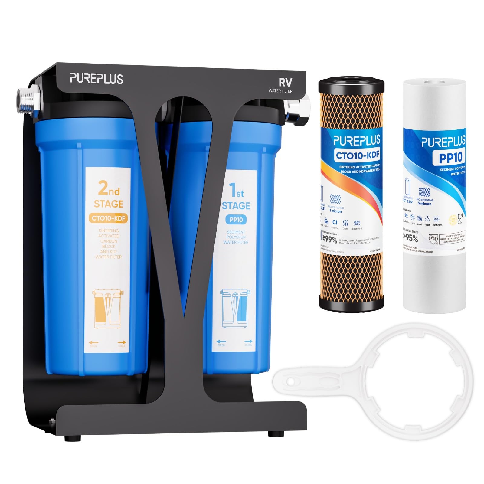 PUREPLUS RV Dual Stage Water Filter System, Includes Two Cartridges and Blue
