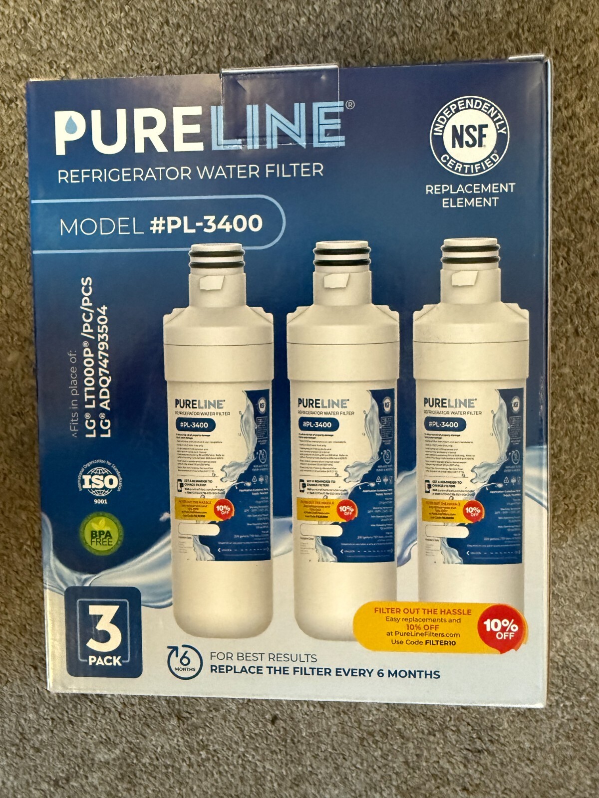 3 PACK *NEW* Pureline PL-3400 Refrigerator Water Filter For LG Kenmore LG LT100P