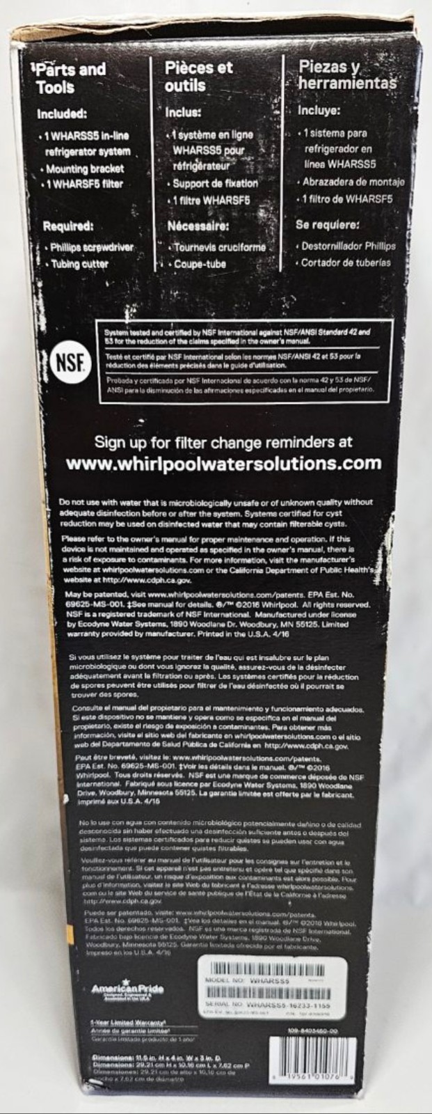 Whirlpool Ultraease In-Line Refrigerator Water Filtration System WHARSS5 NEW