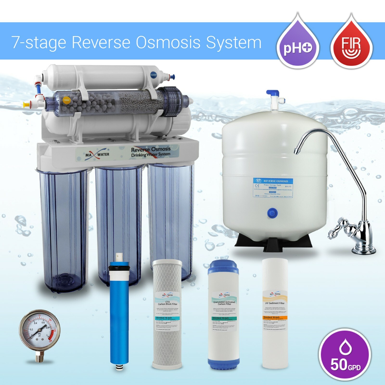 Max Water 7 Stages 50 GPD PH Alkaline Far Infrared Reverse Osmosis System