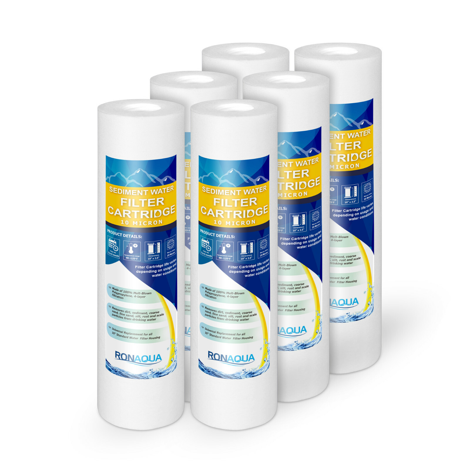 6 Sediment 10 Micron Water Filter Cartridges 2.5″ x 10″ for Reverse Osmosis