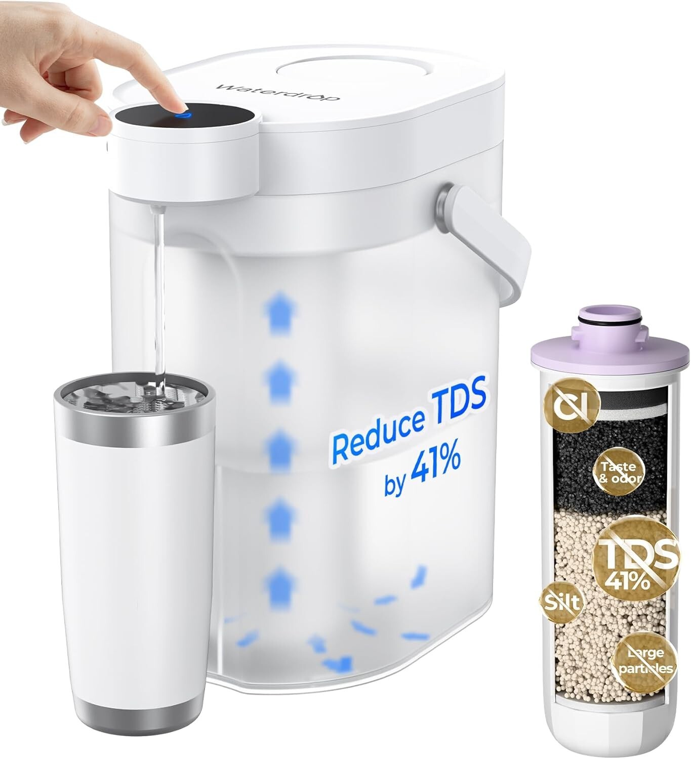 Waterdrop TDS Reduction Rechargeable Water Filter Dispenser,with 1 Filter,White