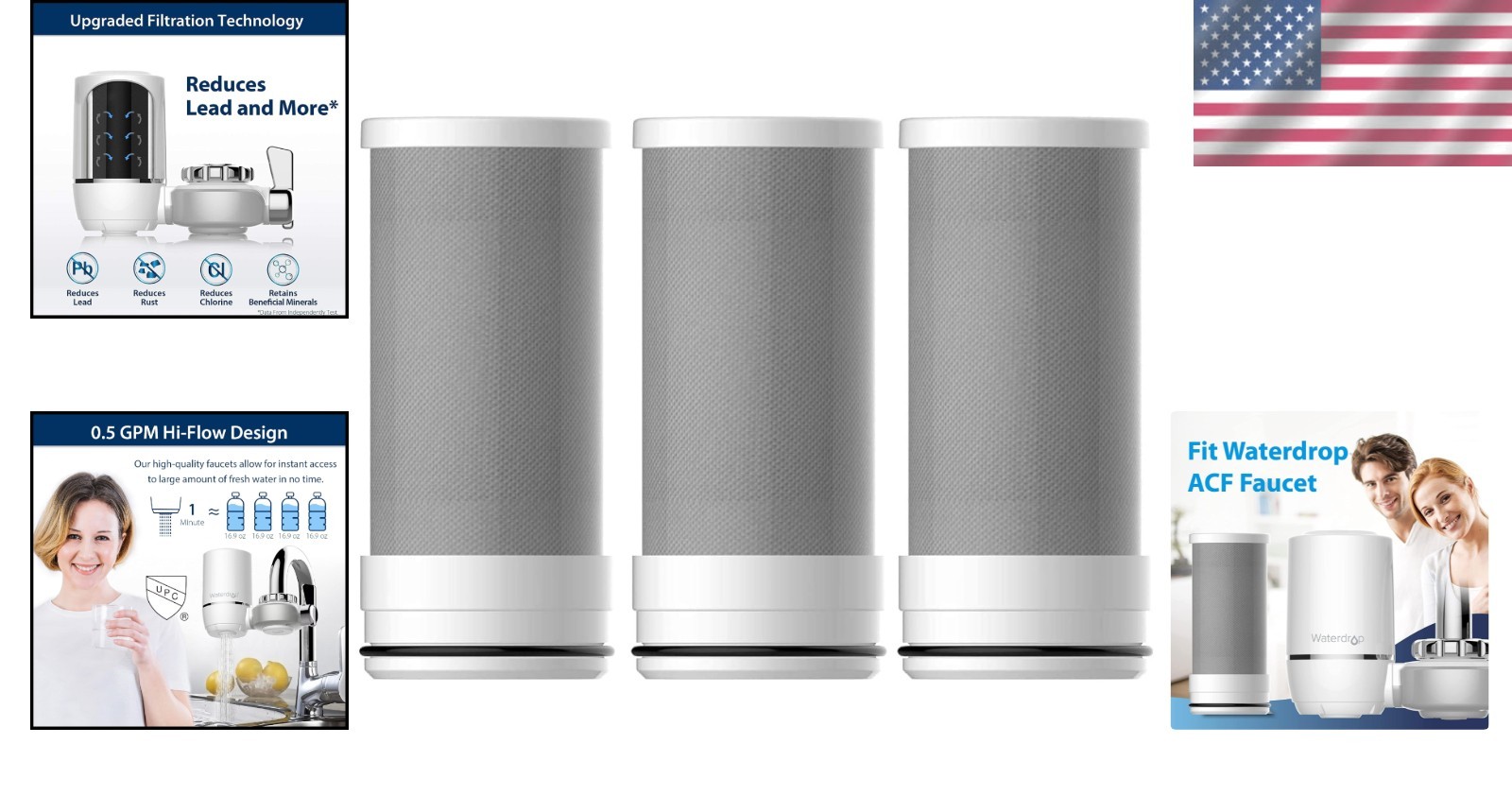 Replacement Faucet Water Filter 3 Count Pack Activated Carbon Fiber 9 Life