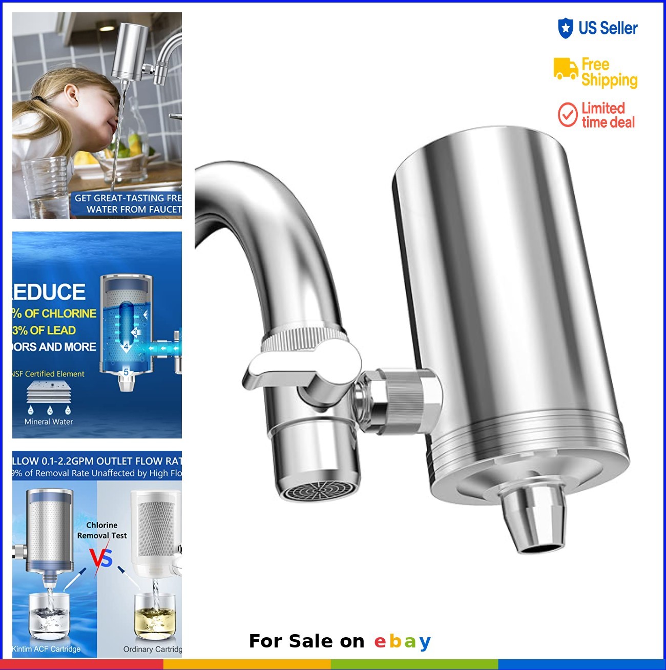 Faucet Water Filter 1200 Gallons 2.2 GPM Carbon Fiber Reduces Chlorine Lead