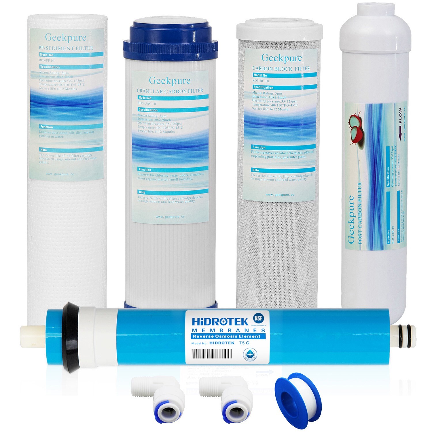Geekpure 5-Stage Reverse Osmosis Replacement Water Filter Set w/ 75 GPD Membrane