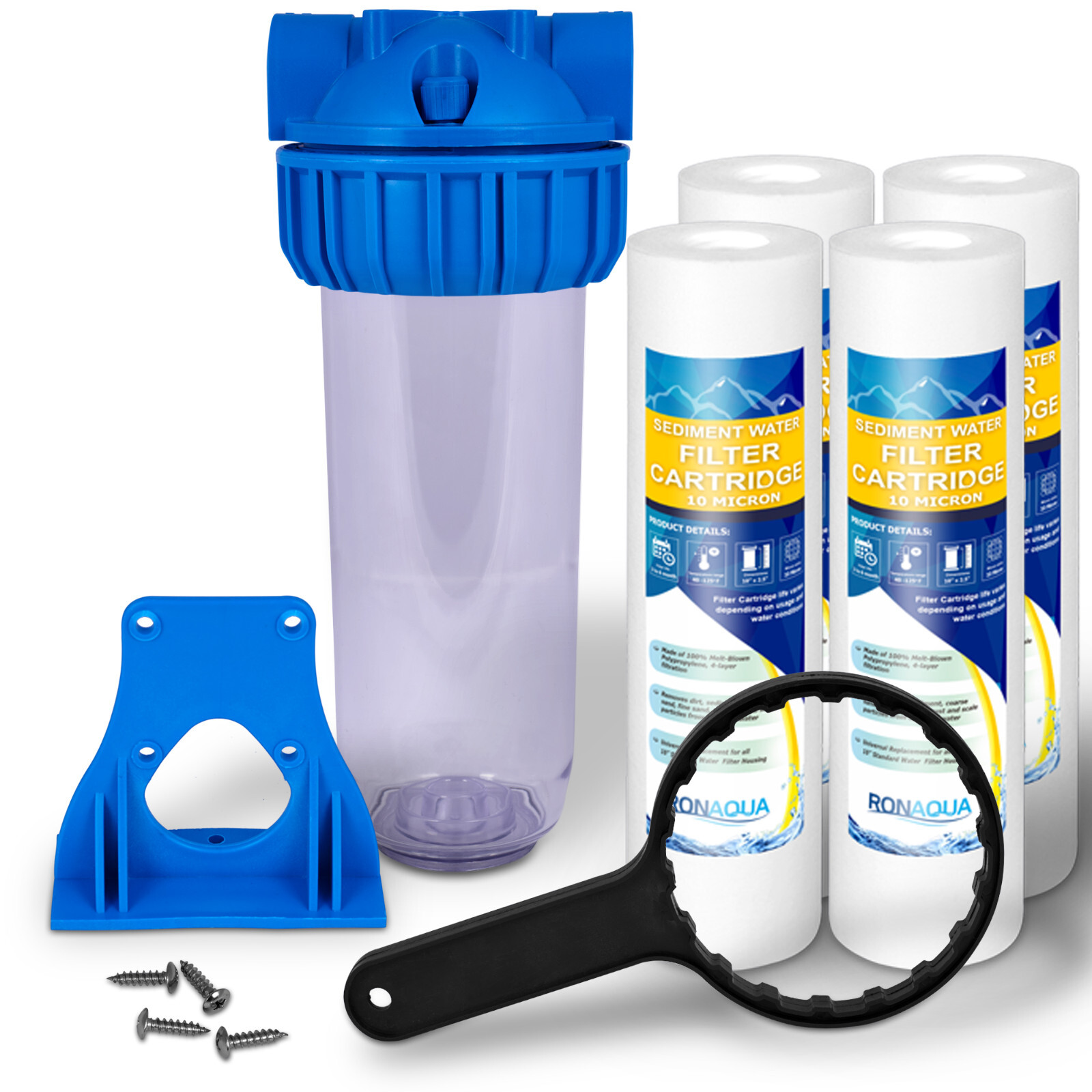 10″ Clear Standard Whole House Water Filter System 4 Sediment 10 Micron Filters