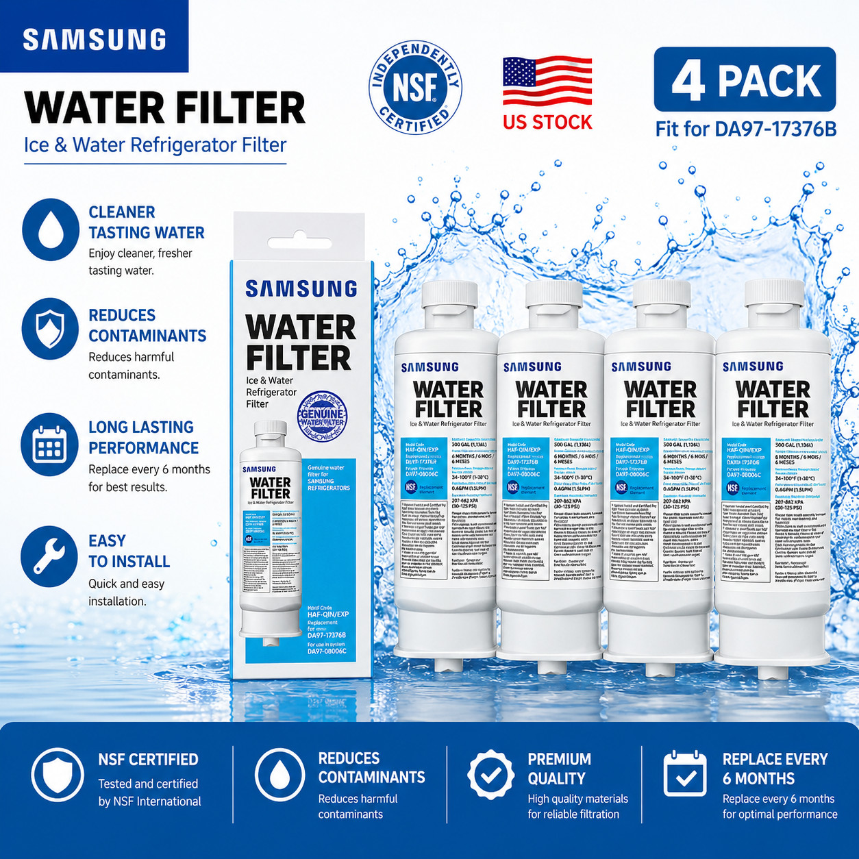 4 PACK Genuine Samsung DA97-17376B HAF-QIN/EXP REFRIGERATOR Water Filter US SHIP