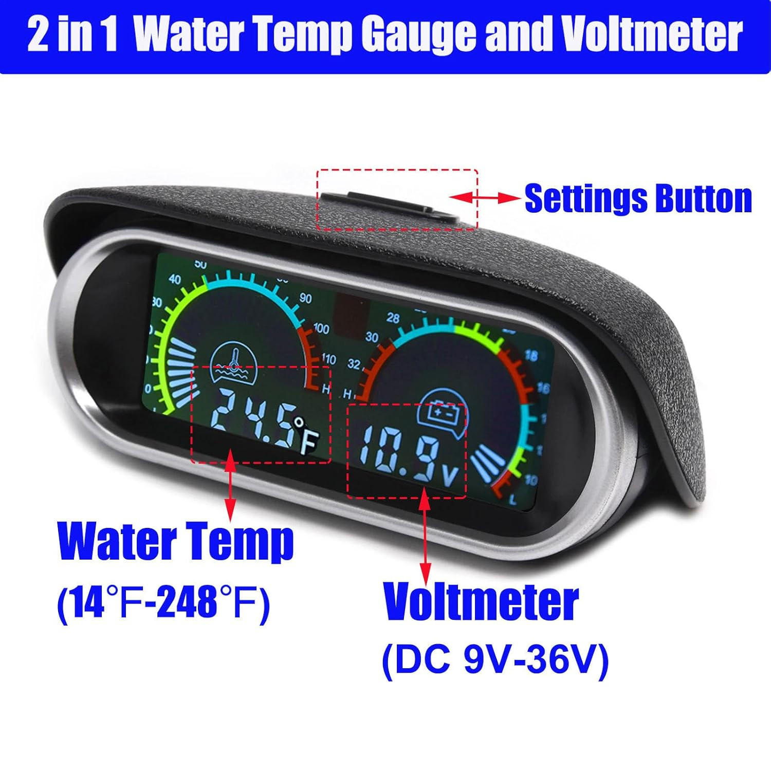 Digital 2-In-1 Water Temp & Voltage Gauge Set with 1/8 NPT Sensor for Car, Truck