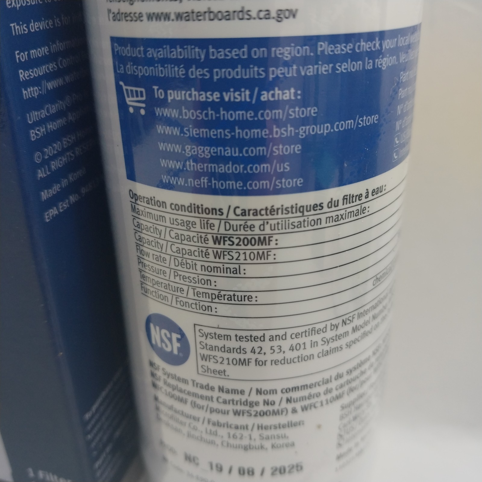 1 PACK Bosch Ultra Clarity Pro BORPLFTR50 Water Filter Blue #WFS200MF/WFS210MF