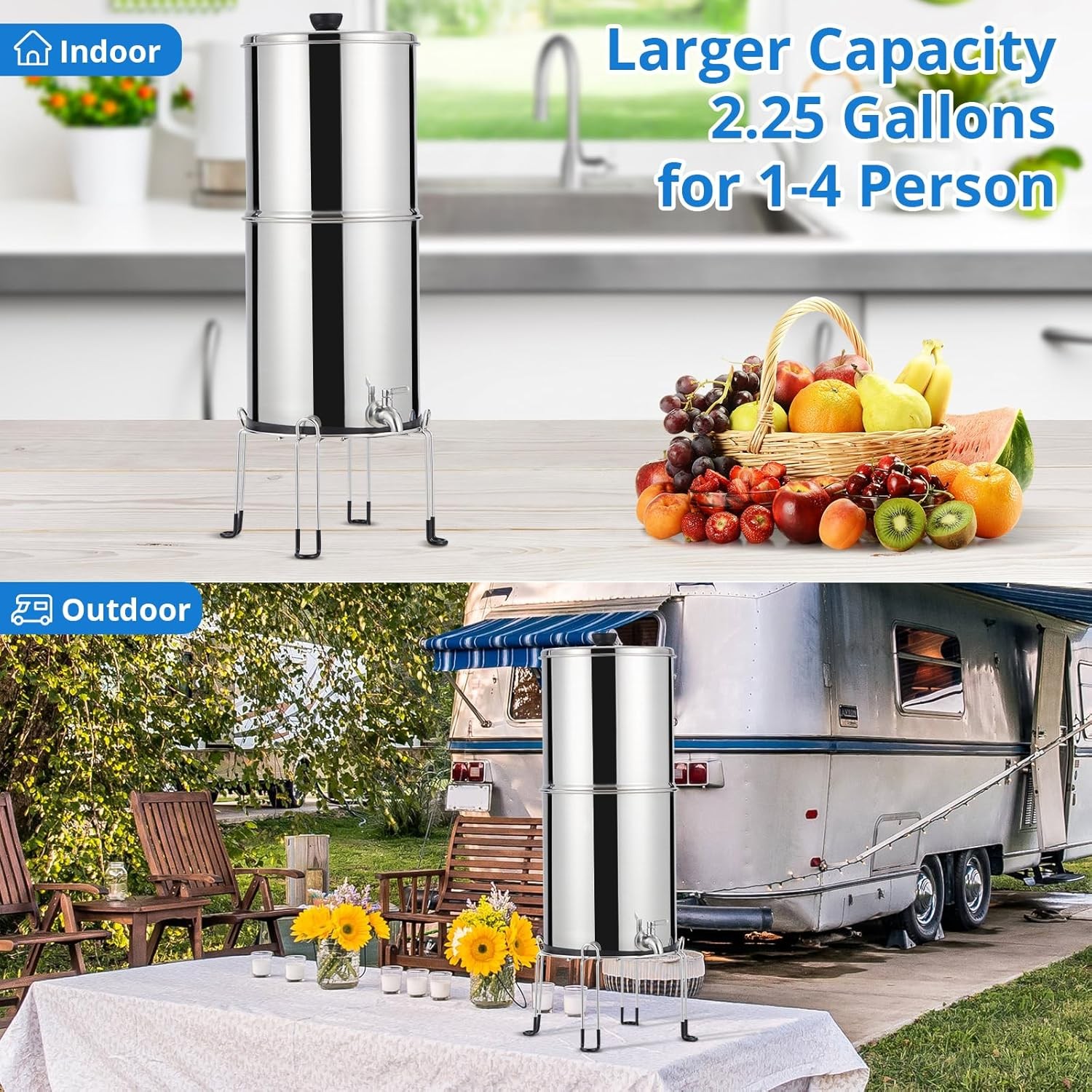 2.25 Gallon Countertop Gravity-fed Water Filter System Stainless Steel 2 Filters