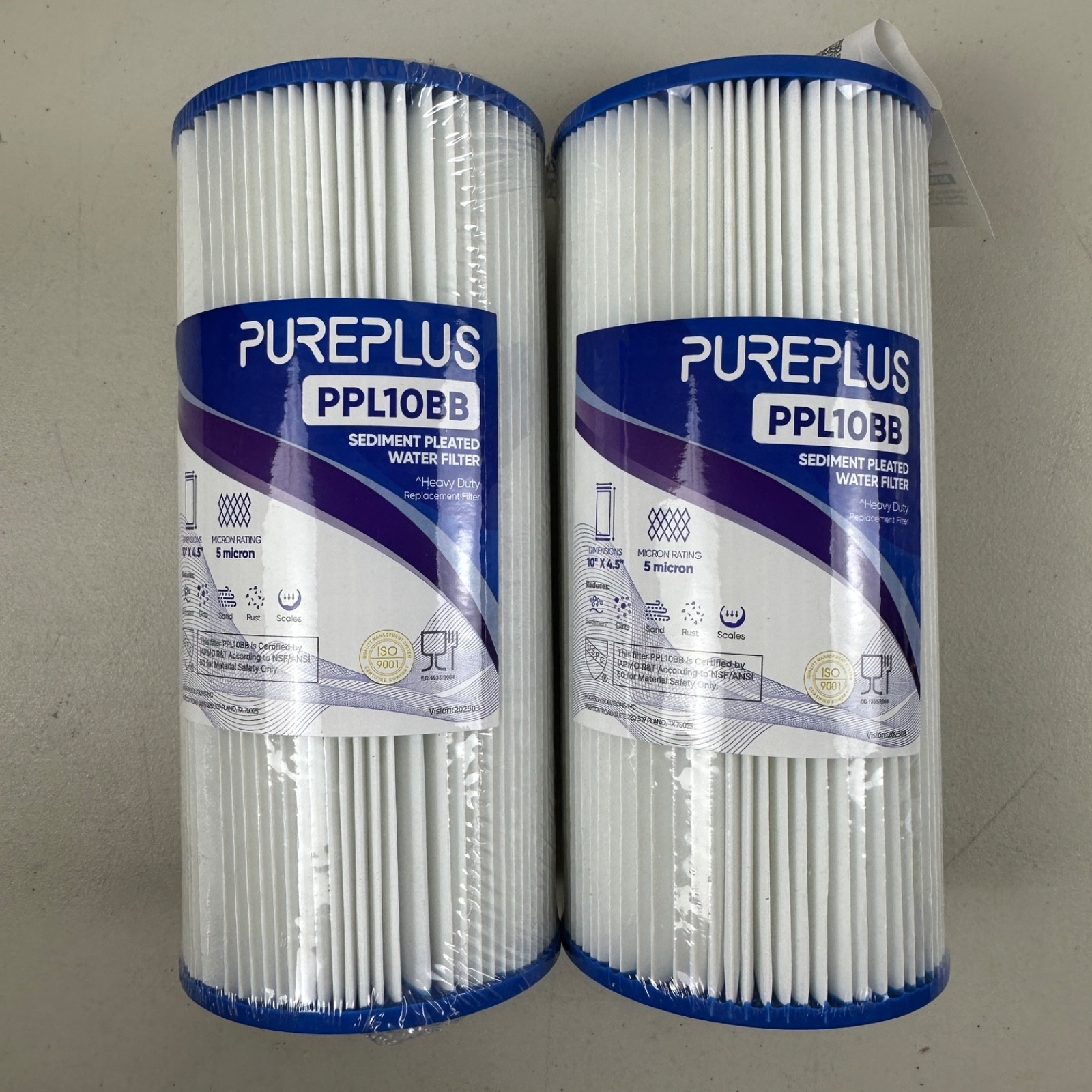 2 PACK PUREPLUS 5 Micron 10″ x 4.5″ Whole House Pleated Sediment Filter PPL10BB