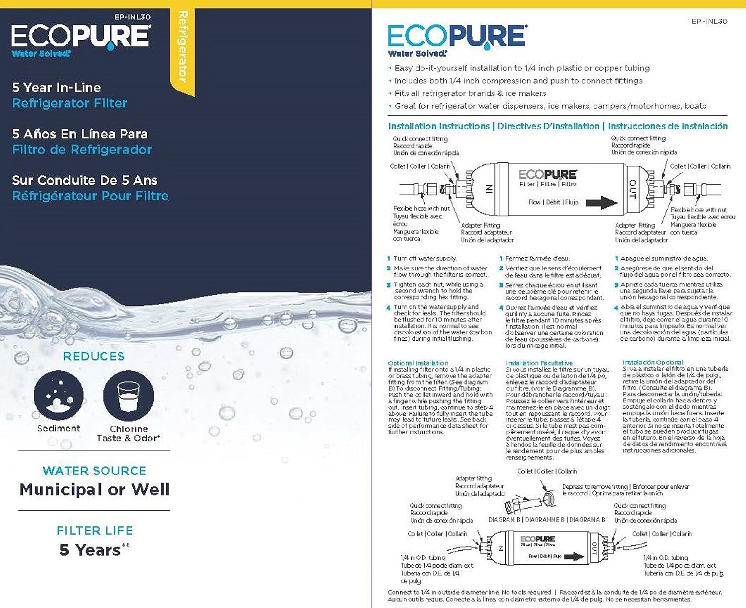 Ecopure 5 Year In Line Refrigerator Water Filter Compatible With Most Brands