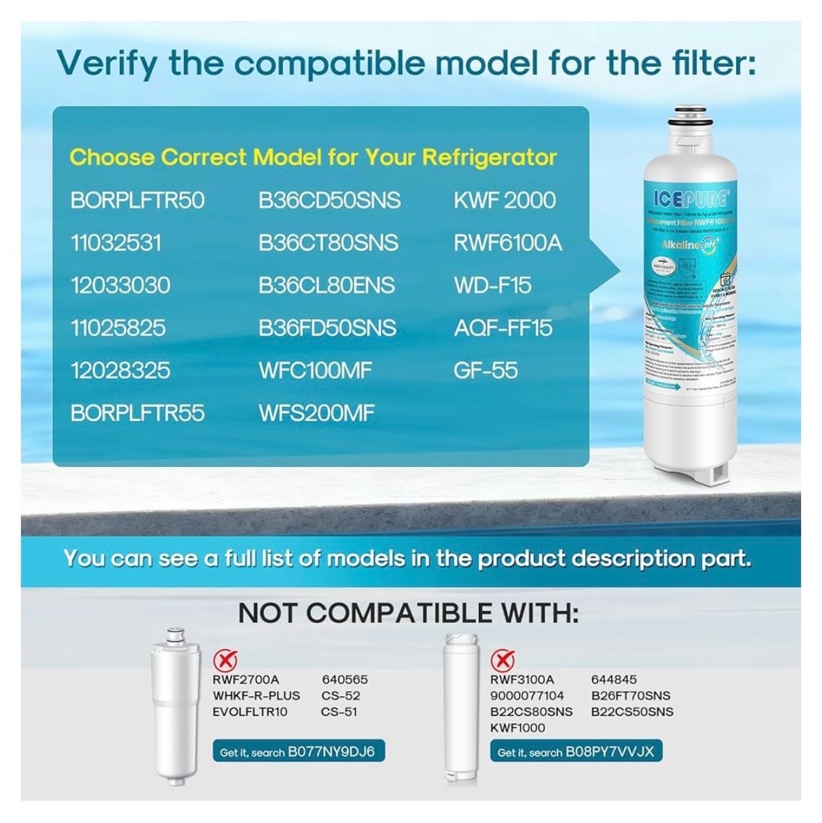 3 PACK ICEPURE Alkaline BORPLFTR50 Water Filter Bosch Ultra Clarity RWF6100A-AL