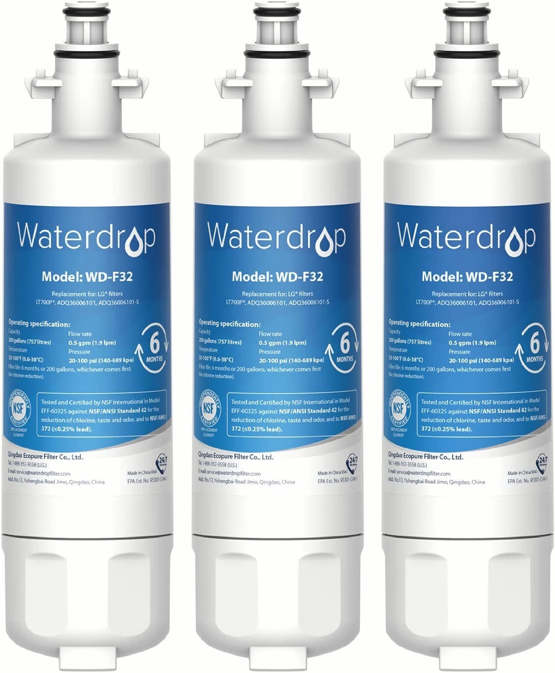 Waterdrop Refrigerator Water Filter, Replacement for LG® LT700P®, Pack of 3